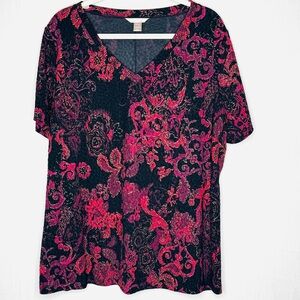 White Stag Womens VNeck Pullover Top Sz 2X Dark Floral Whimsigoth Fairy Holiday